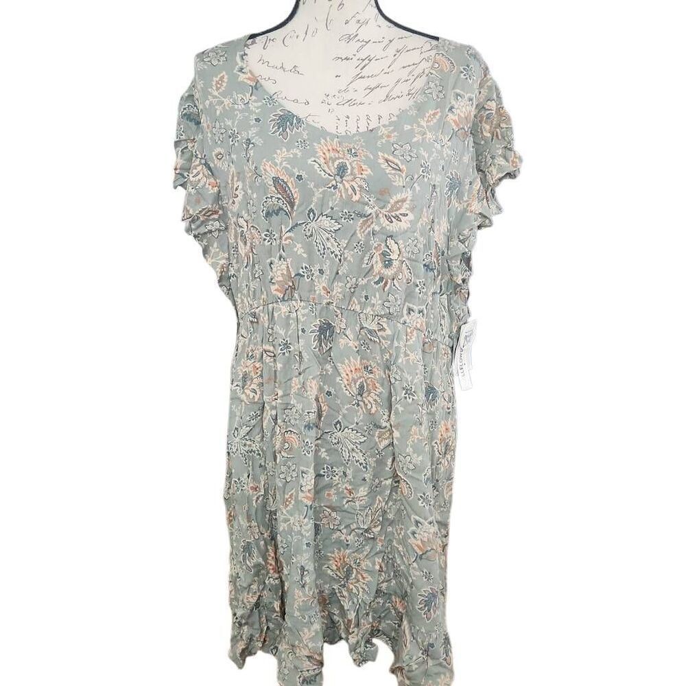 Wallflower Women's Size XXL Sage Green Boho Print Ruffle Sleeve Hem Dress